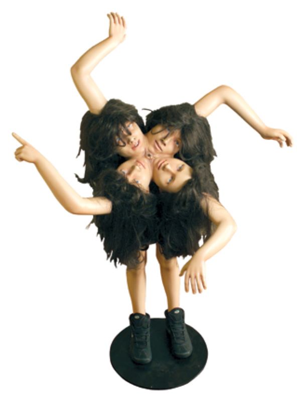 A manipulated photo of a woman with 4 heads and 4 arms on a white background.