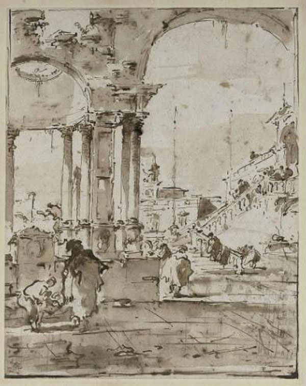 ФРАНЧЕСКО ГВАРДИ Венецианское каприччо, вид на дворец с парадной лестницей сквозь арку, а также полуразрушенная прихожая с куполообразной крышей на левом плане