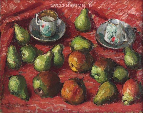 IE GRABAR Pears on red table cloth. in 1921
