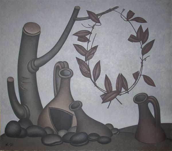 Dmitry Krasnopevtsev Still life with jugs and an iron wreath