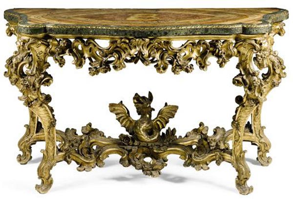 Table Borghese . Console Italian work of gilded wood, top - serpentine and alabaster. The middle of XVIII century 