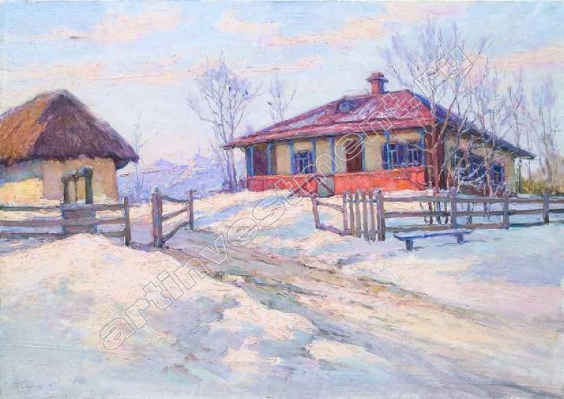 Сына хата. Украинская хата живопись. Украинская хата пейзаж. Хаты зимой живопись. Украинская хата зимой.
